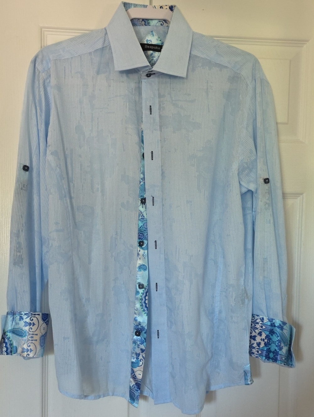 Bespoke Moda Sky Blue Patterned 100% Cotton Dress Shirt with Paisley Trim Size L